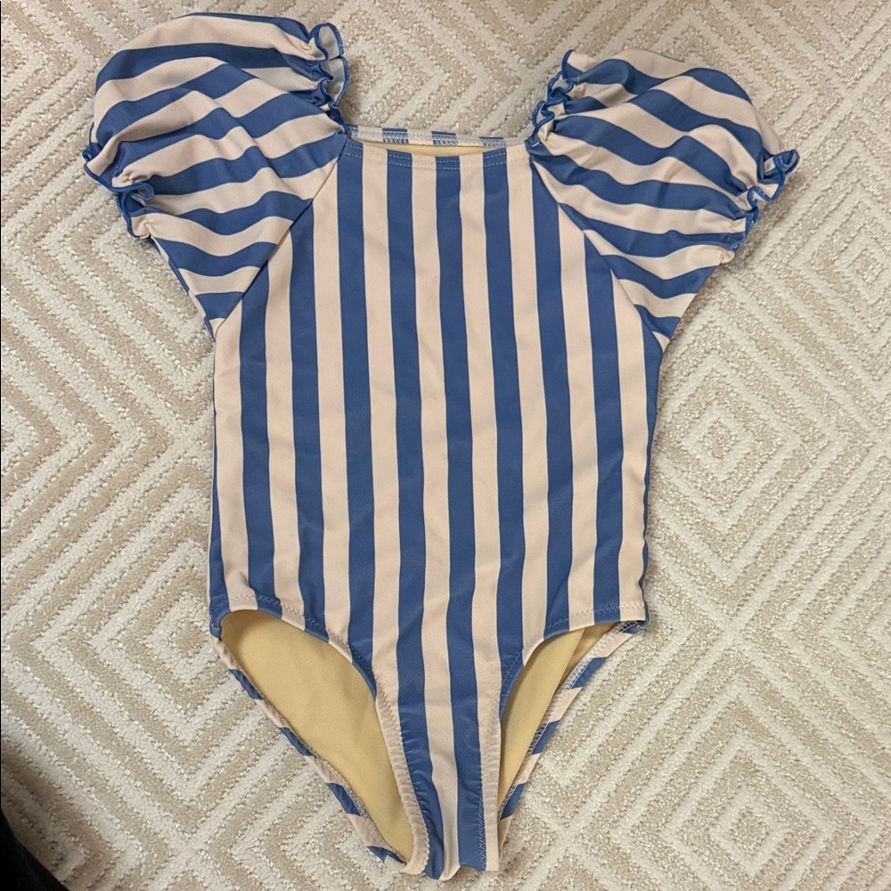Pink Chicken Striped Swimsuit with Puffed Sleeves size 2